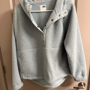 SO Light Blue Sherpa Snap-Placket Pullover Hoodie